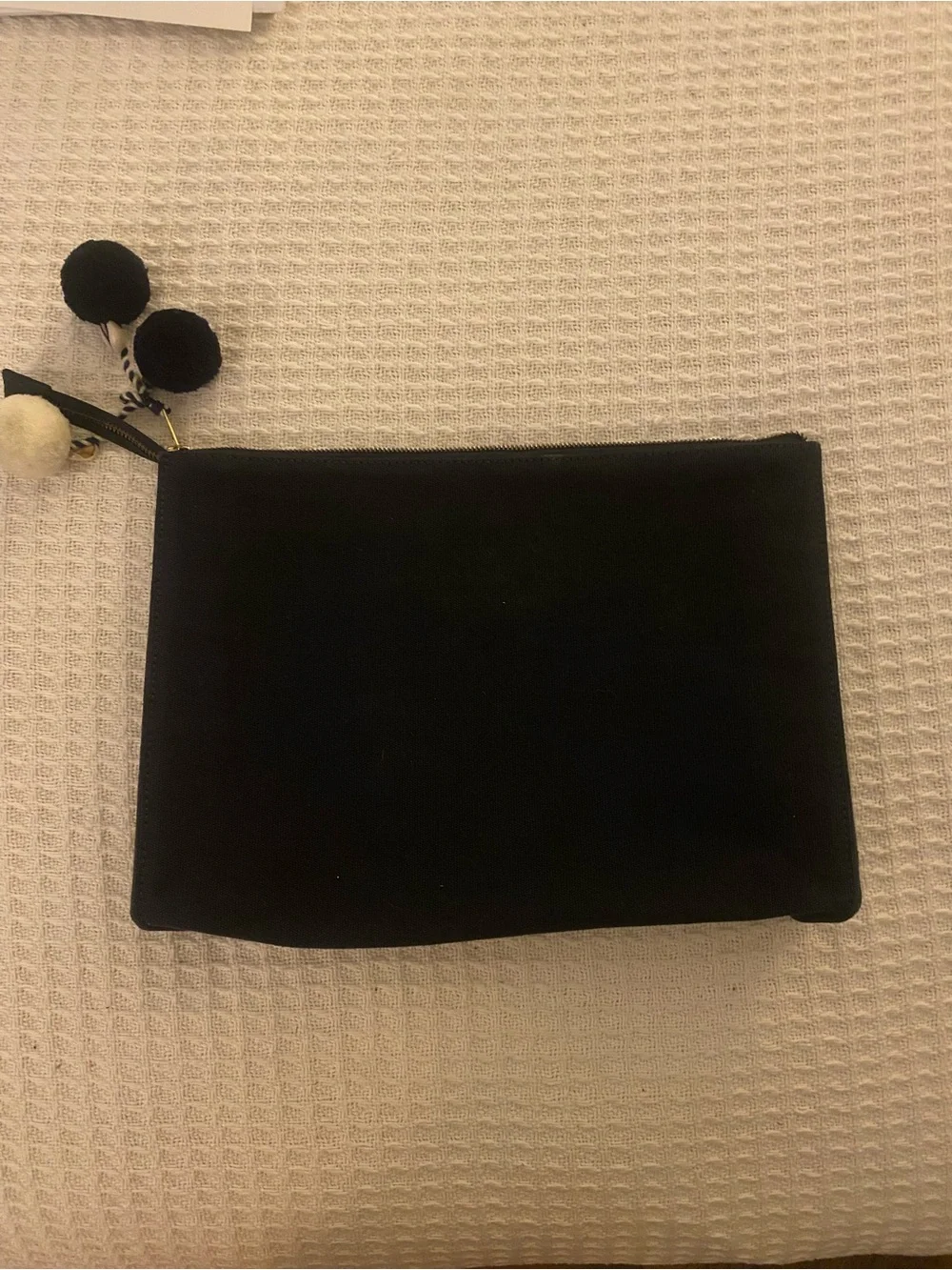 Black canvas Heart Stripe Pouch with Pom Pom Tassels